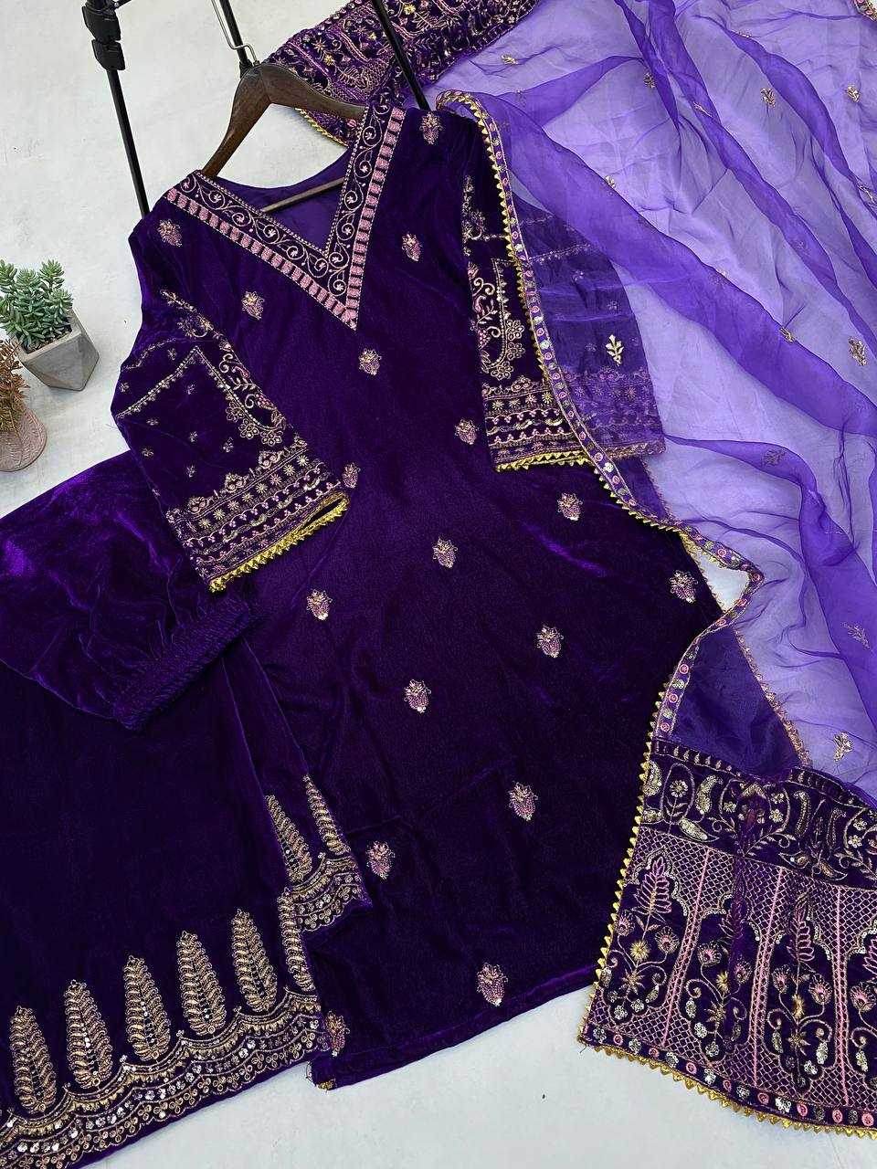 BLUE EMBROIDERED PARTY WEAR VELVET SUIT - MYLUXURY LANE ENTERPRISE